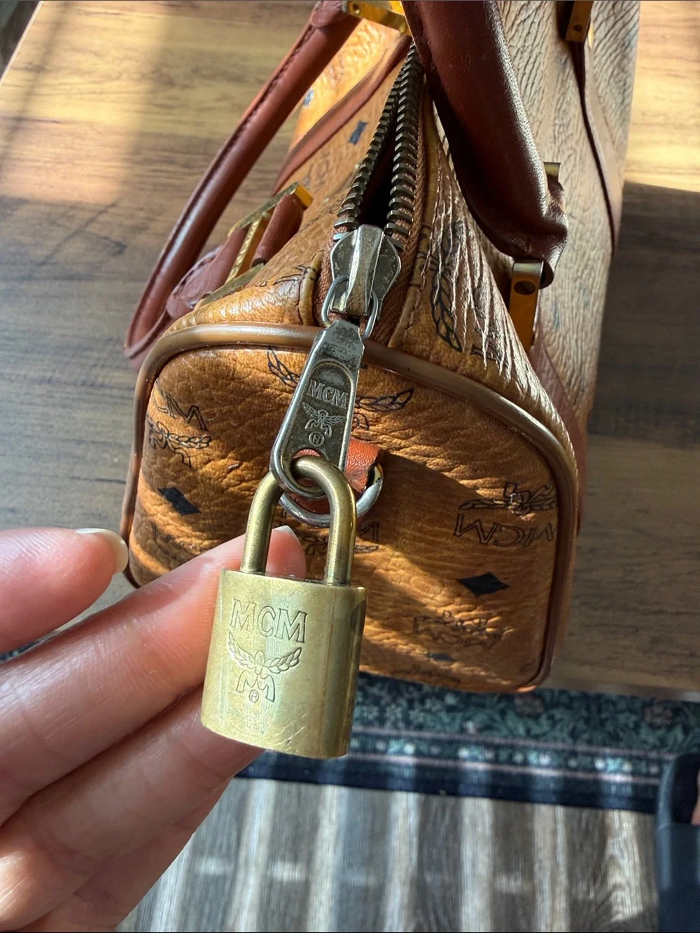 MCM Cognac Visetos Logo Satchel with Gold Hardware